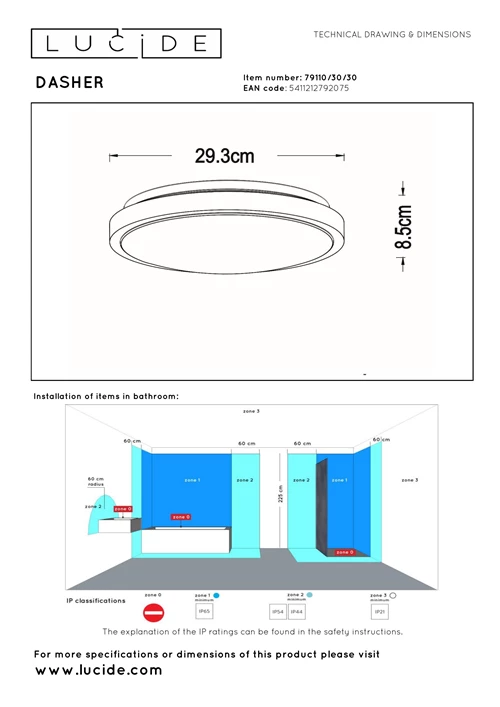 Lucide DASHER - Plafonnière Badkamer - Ø 29,3 cm - LED - 1x12W 2700K - IP44 - Bewegingssensor - Zwart - technisch